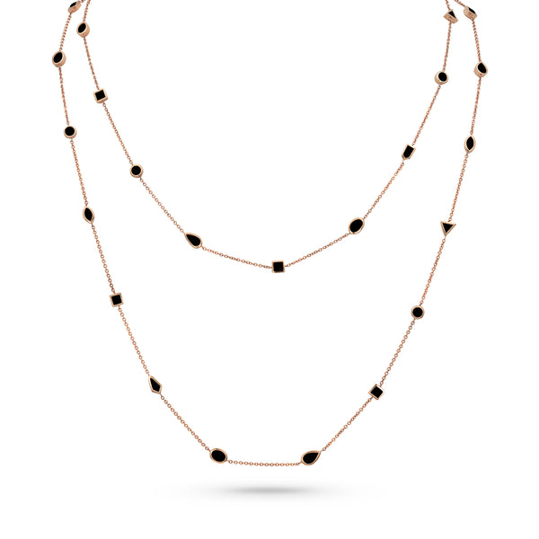 mixed shape bezels black diamond station necklace<br>in 18K rose gold with delicate retro chain <span class='visuallyhidden'>Text, call 323-404-2959 for shopping help.</span>