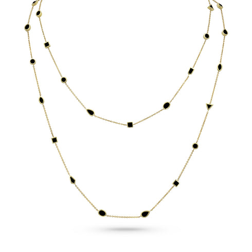 intricately cut mixed shapes bezels diamond station necklace in black diamonds and yellow gold <span class='visuallyhidden'>Call, text 323-404-2959 for shopping help.</span>
