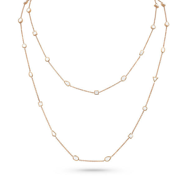 Dominique Cohen mixed shape bezels diamond station necklace in 18K rose gold, 42 inch length<span class='visuallyhidden'>; shop help at 760-978-9297.</span>