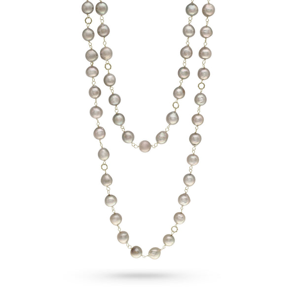 icy akoya pearl and mini bamboo-texture links long necklace, in 18k yellow gold <span class='visuallyhidden'>Call, text 323-404-2959 for shopping help.</span>