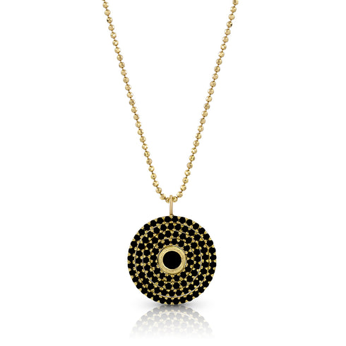 Chic 18k yellow gold black diamond round pendant necklace<br>on an adjustable length 18k yellow gold delicate beaded chain <span class='visuallyhidden'>Text, phone 323-404-2959 for shopping assistance.</span>