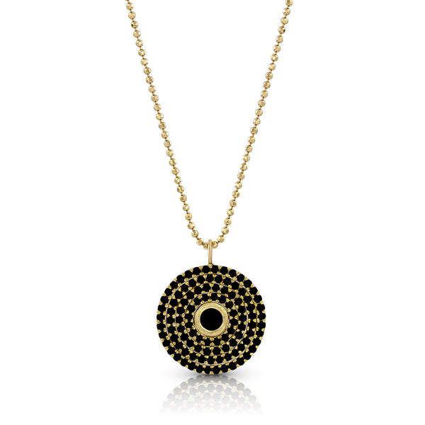 Chic 18k yellow gold black diamond round pendant necklace<br>on an adjustable length 18k yellow gold delicate beaded chain <span class='visuallyhidden'>Text, phone 323-404-2959 for shopping assistance.</span>