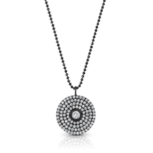 Chic 18k black gold diamond 4-halo round pendant necklace<br>on an adjustable length 18k black gold delicate beaded chain <span class='visuallyhidden'>Text, phone 323-404-2959 for shopping assistance.</span>