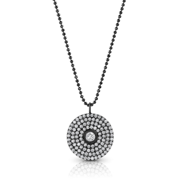 Chic 18k black gold diamond 4-halo round pendant necklace<br>on an adjustable length 18k black gold delicate beaded chain <span class='visuallyhidden'>Text, phone 323-404-2959 for shopping assistance.</span>