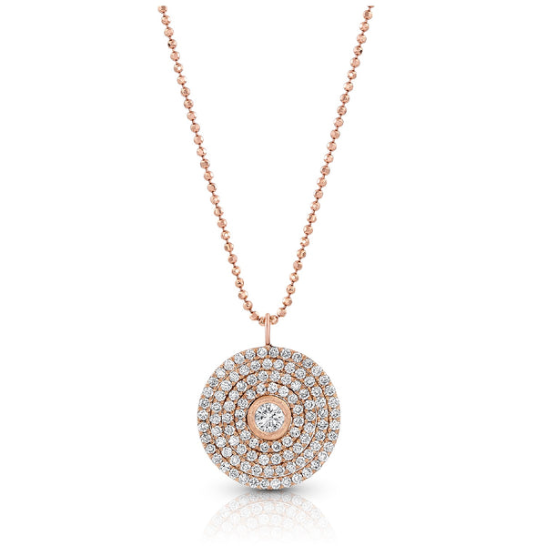 Timeless sparkling 18k rose gold diamond 4-halo round pendant necklace<br>on an adjustable length 18k rose gold delicate beaded chain <span class='visuallyhidden'>Call, text 323-404-2959 for shopping help.</span>