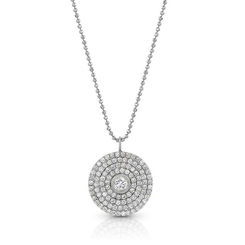 Sparkling 18k white gold diamond round pendant necklace<br>on an adjustable length 18k white gold delicate beaded chain <span class='visuallyhidden'>Text, phone 323-404-2959 for shopping assistance.</span>