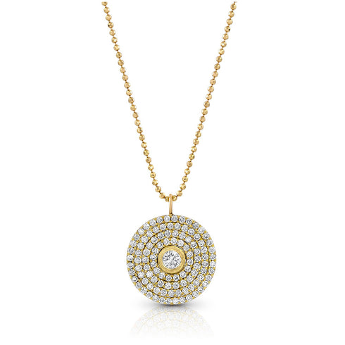 14.5mm round white diamond pendant necklace<br>with four concentric circles of hand-laid diamond pave <span class='visuallyhidden'>Call or text 323-404-2959 if you need shopping assistance.</span>