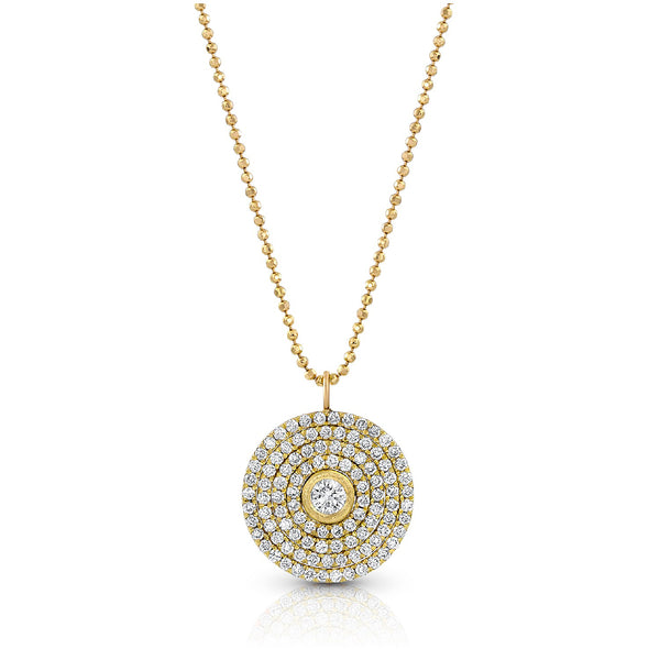 14.5mm round white diamond pendant necklace<br>with four concentric circles of hand-laid diamond pave <span class='visuallyhidden'>Call or text 323-404-2959 if you need shopping assistance.</span>