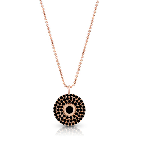 18k rose gold black diamond round 3 halo pendant necklace<br>with bezel set center diamond and adjustable length delicate chain <span class='visuallyhidden'>Text, phone 323-404-2959 for shopping assistance.</span>