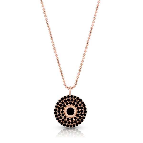 18k rose gold black diamond round 3 halo pendant necklace<br>with bezel set center diamond and adjustable length delicate chain <span class='visuallyhidden'>Text, phone 323-404-2959 for shopping assistance.</span>
