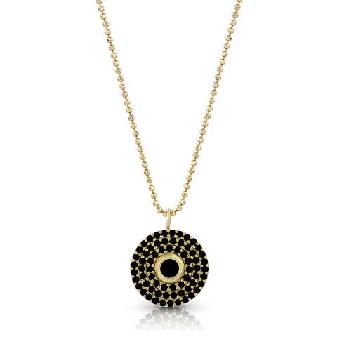 18k yellow gold hip black diamond round 3 halo pendant necklace<br>with bezel set center diamond and adjustable length delicate chain <span class='visuallyhidden'>Text, phone 323-404-2959 for shopping assistance.</span>