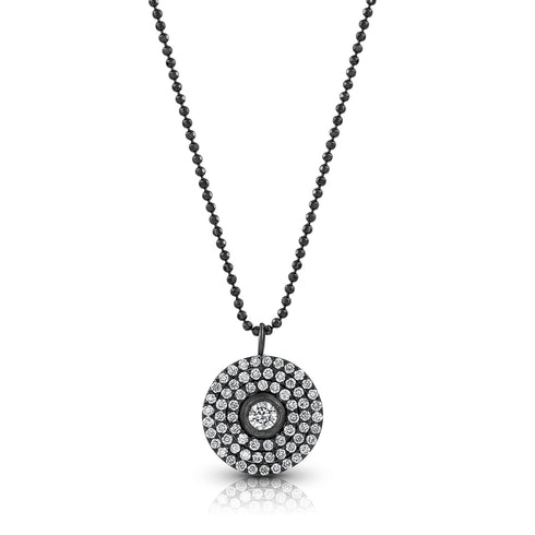 18k black gold diamond 3 halo round pendant necklace<br>with bezel set center diamond and adjustable length delicate chain <span class='visuallyhidden'>Text, phone 323-404-2959 for shopping assistance.</span>