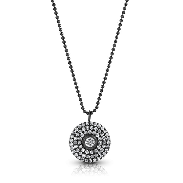 18k black gold diamond 3 halo round pendant necklace<br>with bezel set center diamond and adjustable length delicate chain <span class='visuallyhidden'>Text, phone 323-404-2959 for shopping assistance.</span>