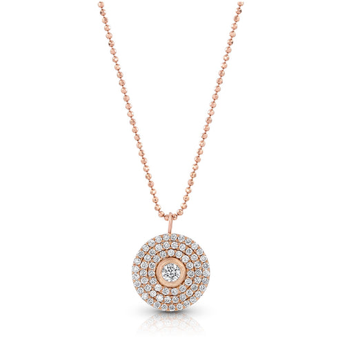18k rose gold diamond 3 halo round pendant necklace<br>with bezel set center diamond and adjustable length delicate beaded chain <span class='visuallyhidden'>Text, phone 323-404-2959 for shopping assistance.</span>