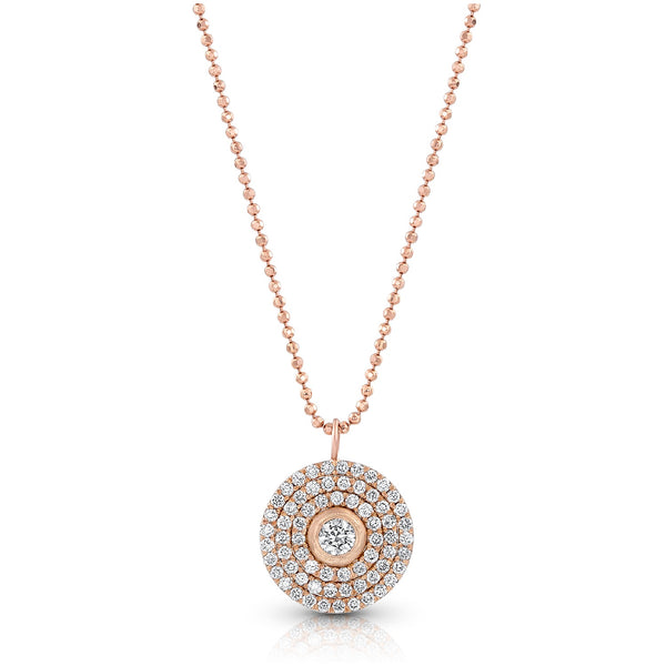 18k rose gold diamond 3 halo round pendant necklace<br>with bezel set center diamond and adjustable length delicate beaded chain <span class='visuallyhidden'>Text, phone 323-404-2959 for shopping assistance.</span>