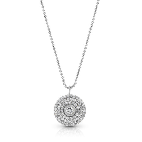 18k white gold diamond 3 halo round pendant necklace<br>with bezel set center diamond and adjustable length delicate chain <span class='visuallyhidden'>Text, phone 323-404-2959 for shopping assistance.</span>