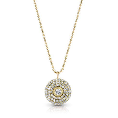 18k gold diamond Dominique Cohen 3 halo round pendant necklace<br>with bezel set center diamond and adjustable length delicate beaded chain <span class='visuallyhidden'>Text, phone 323-404-2959 for shopping assistance.</span>