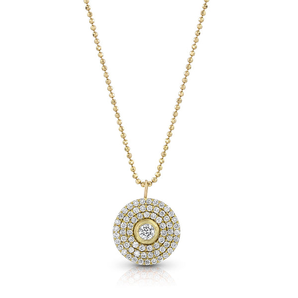 18k gold diamond Dominique Cohen 3 halo round pendant necklace<br>with bezel set center diamond and adjustable length delicate beaded chain <span class='visuallyhidden'>Text, phone 323-404-2959 for shopping assistance.</span>
