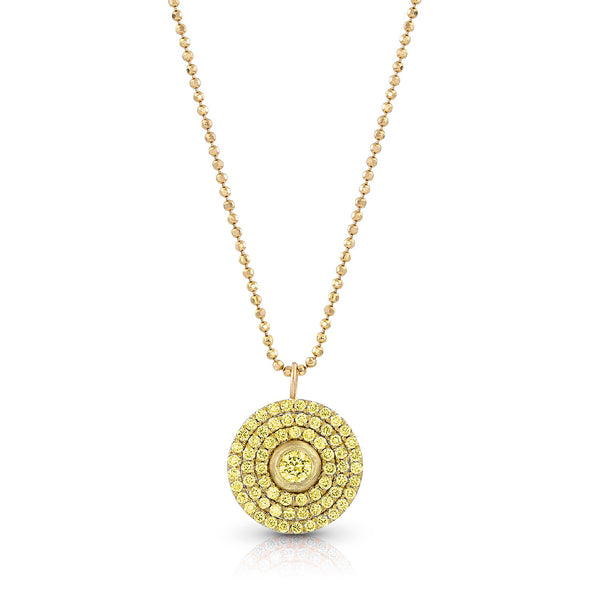 Yellow diamond, 18k yellow gold round mosaic-style pendant necklace<br>on an adjustable length 18K gold 22-inch delicate beaded chain <span class='visuallyhidden'>Call, text 323-404-2959 for shopping help.</span>