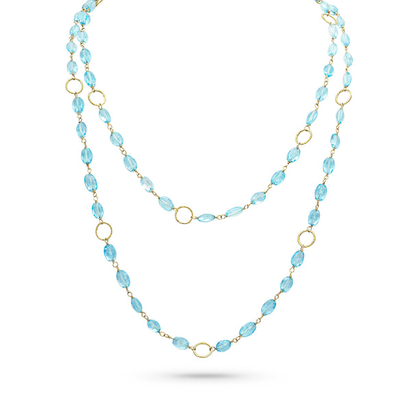 blue topaz faceted ovals and yellow gold delicate textured links long necklace <span class='visuallyhidden'>Call, text 323-404-2959 for shopping help.</span>