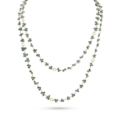 green sapphire briolettes and yellow gold delicate textural links long necklace <span class='visuallyhidden'>Call, text 323-404-2959 for shopping help.</span>