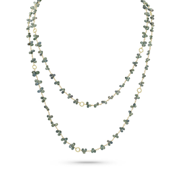 green sapphire briolettes and yellow gold delicate textural links long necklace <span class='visuallyhidden'>Call, text 323-404-2959 for shopping help.</span>