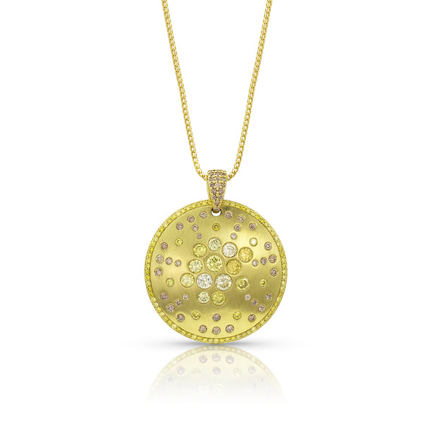 bespoke large convex shield pendant necklace with pink diamonds, green diamonds, yellow diamonds, champagne diamonds, in yellow gold <span class='visuallyhidden'>Call, text 323-404-2959 for shopping help.</span>