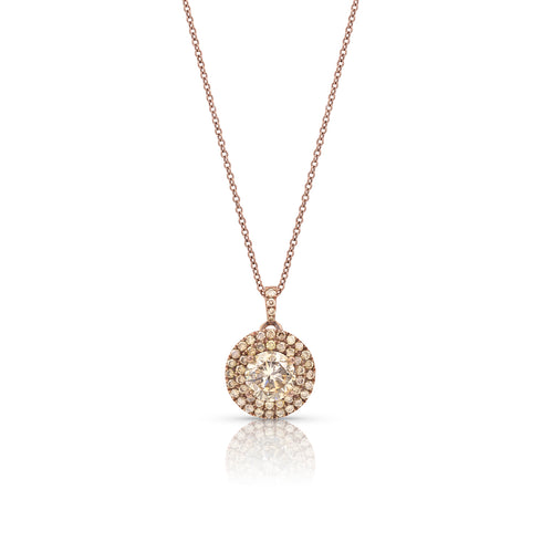 champagne diamond double halo pendant necklace, in rose gold <span class='visuallyhidden'>Call, text 323-404-2959 for shopping help.</span>