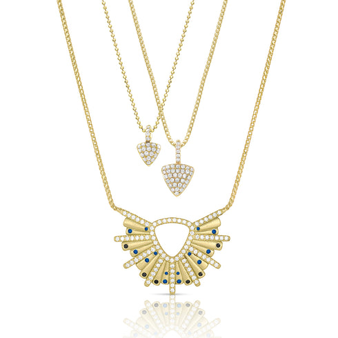 with a duo of our triangle pendant necklaces,<br>available in an array of colors and sizes <span class='visuallyhidden'>Contact the Beverly Hills store at 323-404-2959 or through this website for shopping assistance.</span>
