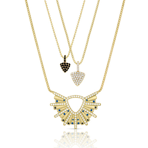 with a duo of our triangle pendant necklaces,<br>available in an array of colors and sizes <span class='visuallyhidden'>Contact the Beverly Hills store at 323-404-2959 or through this website for shopping assistance.</span>