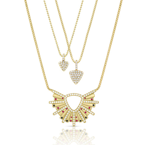 with a duo of our triangle pendant necklaces,<br>available in an array of colors and sizes <span class='visuallyhidden'>Contact the Beverly Hills store at 323-404-2959 or through this website for shopping assistance.</span>