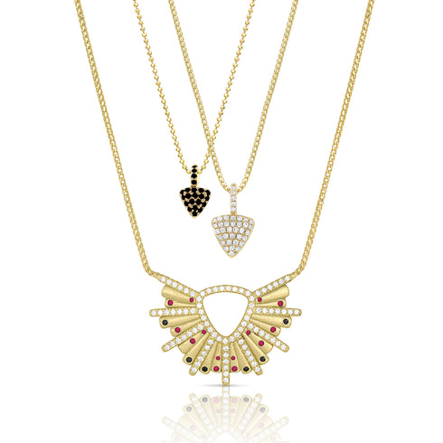 with a duo of our triangle pendant necklaces,<br>available in an array of colors and sizes <span class='visuallyhidden'>Contact the Beverly Hills store at 323-404-2959 or through this website for shopping assistance.</span>