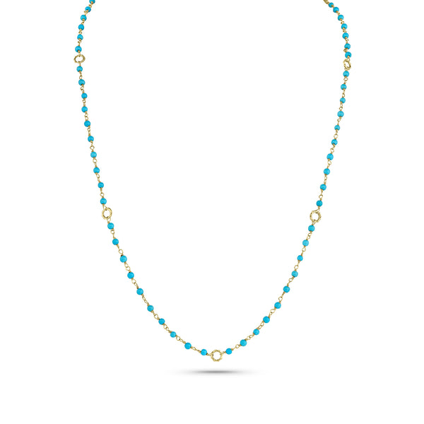 Dominique Cohen 2mm gemstone beads delicate chain necklace, in sleeping beauty turquoise and 18k yellow gold <span class='visuallyhidden'>Call, text 323-404-2959 for shopping help.</span>