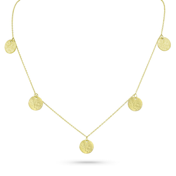 The original five-coin necklace by Dominique Cohen, as worn on The Newsroom, here in all 18k yellow gold <span class='visuallyhidden'>Call, text 323-404-2959 for shopping help.</span>