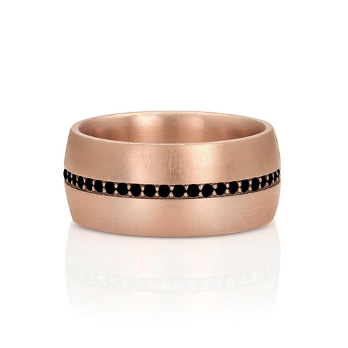 black diamond rose gold eternity cross cigar band ring, from behind <span class='visuallyhidden'>Call or text 323-404-2959 if you need shopping assistance.</span>