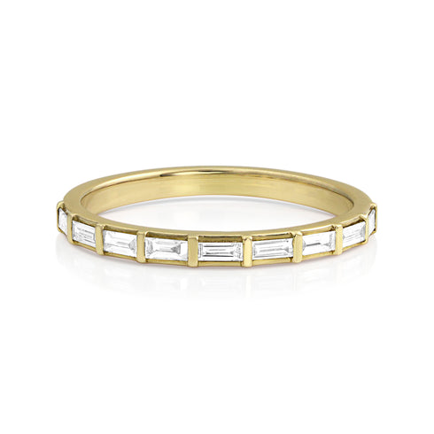 nine baguette-cut diamonds<br>architecturally set east-west style within<br>the brushed yellow gold band <span class='visuallyhidden'>Call or text 323-404-2959 if you need shopping assistance.</span>