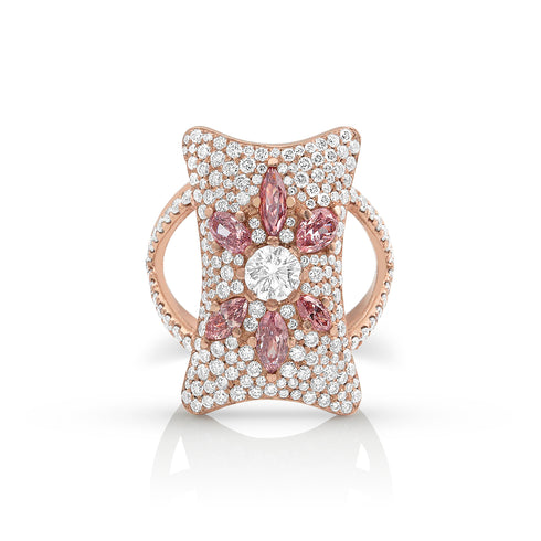 one of a kind pink diamond and white diamond shield ring with criss-cross white diamond band <span class='visuallyhidden'>Call, text 323-404-2959 for shopping help.</span>