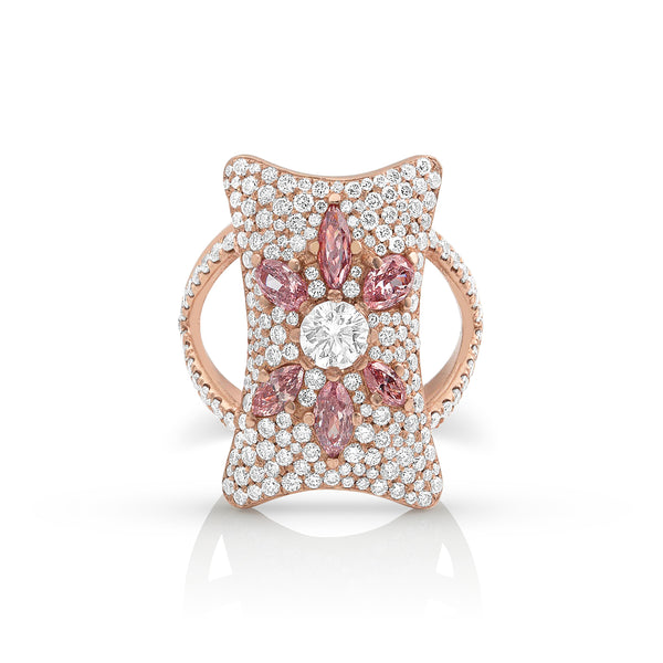 one of a kind pink diamond and white diamond shield ring with criss-cross white diamond band <span class='visuallyhidden'>Call, text 323-404-2959 for shopping help.</span>