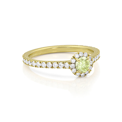 alternate view of rare green diamond ring with white diamond surround, in yellow gold <span class='visuallyhidden'>Call, text 323-404-2959 for shopping help.</span>