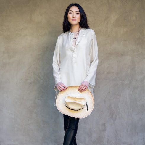 layer with sister sun,<br>paired here with our Carrie in diamond pendant necklace white gold, and large halo in black gold. contrast pop!<br>with our silk tunic, and camisole, both in creme <span class='visuallyhidden'>Call or text 323-404-2959 if you need shopping assistance.</span>